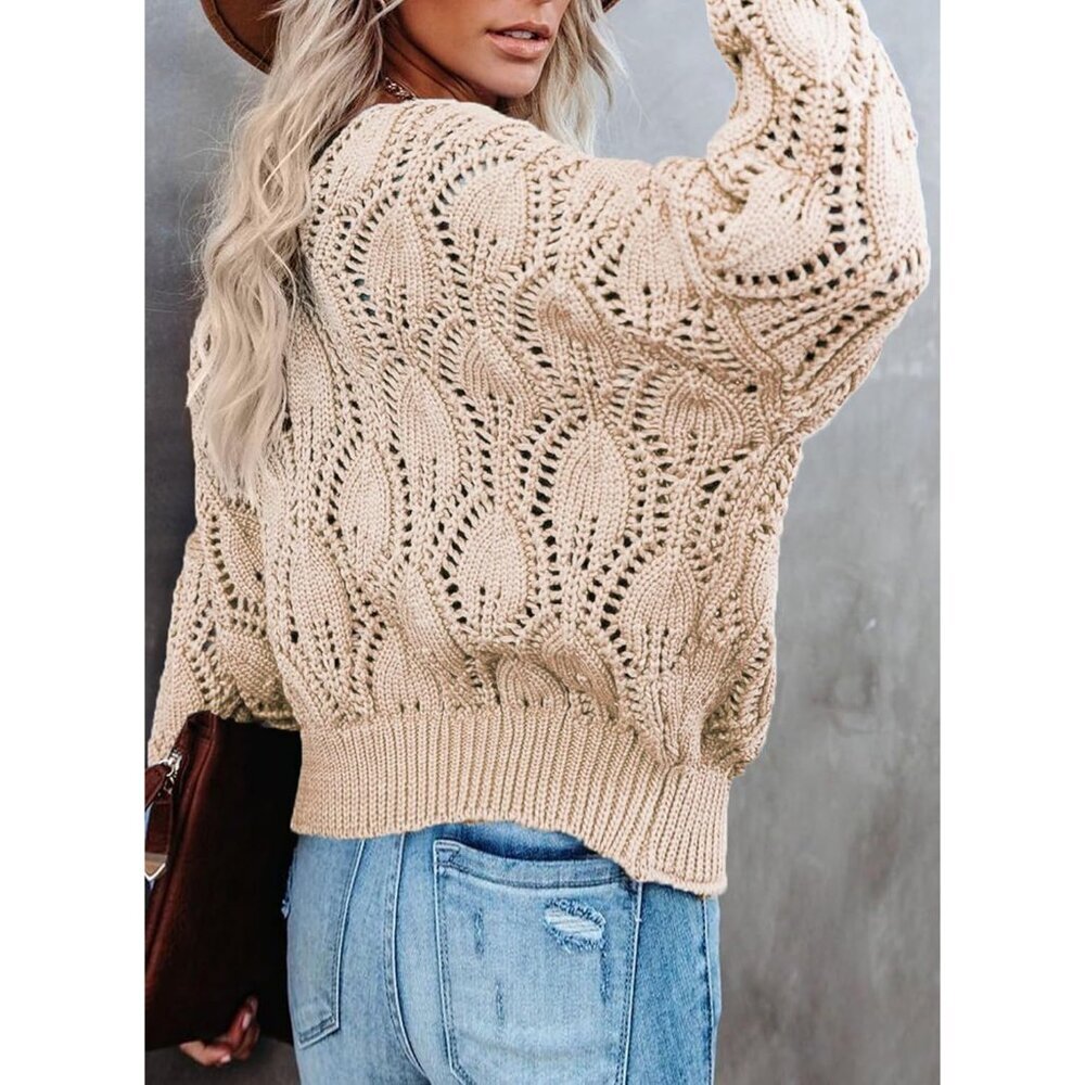 Women's Crochet V Neck Sweater Small Fall Winter Casual Pullover - Picture 4 of 5